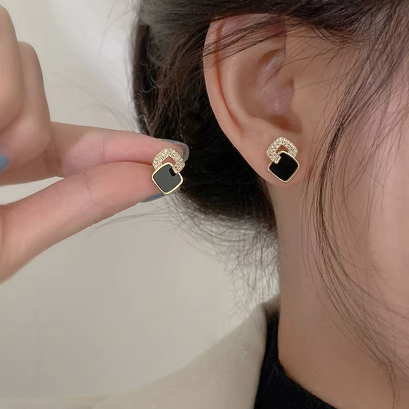 Korean Style Black Zircon Square Earrings