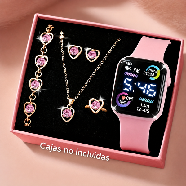 Set de 6 Piezas: Reloj, Collar, Aretes y Anillo