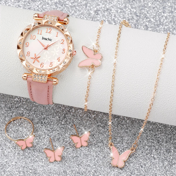 Set de 6 Piezas: Reloj Floral con Mariposa