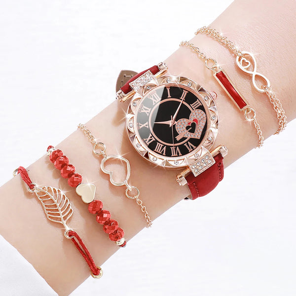 Set de 6 Piezas: Reloj Rojo Carmesí con Pulseras