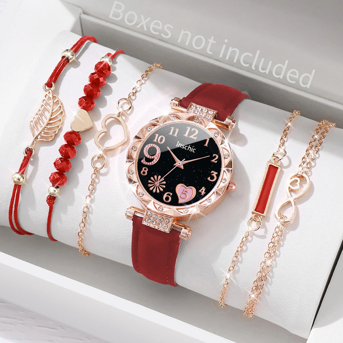 Set de 6 Piezas: Reloj Rojo Carmesí con Pulseras