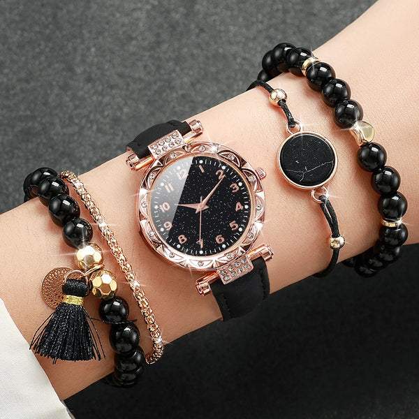 Set de 5 Piezas: Reloj con Diamantes de Imitación y Pulseras