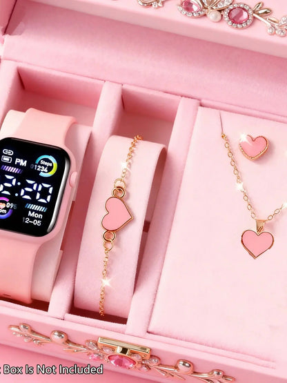 Conjunto de 6 piezas compuesto por reloj electrónico, collar, pendientes y anillo