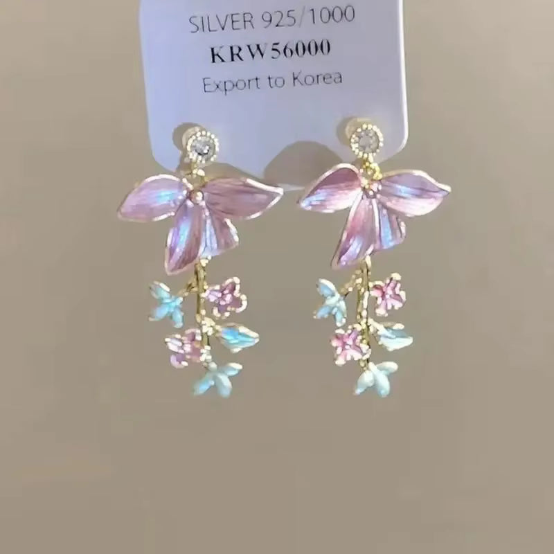 Enamel Petal Drop Earrings with Zircon Tassels