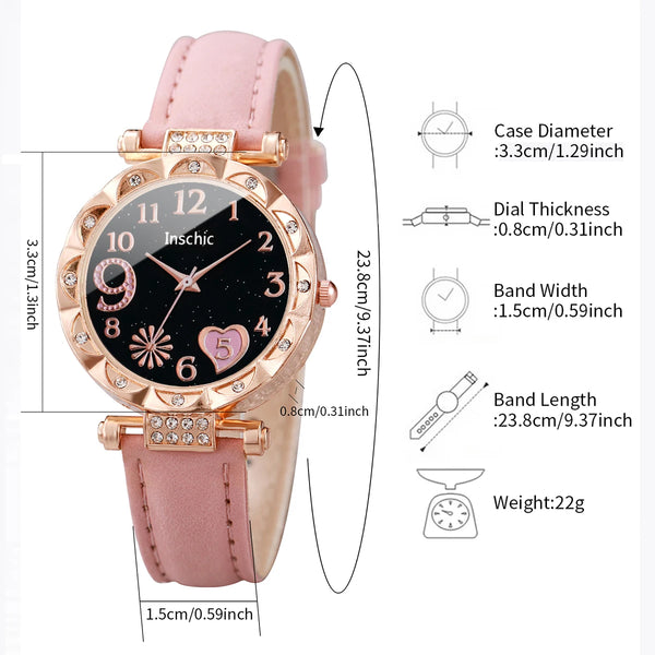 Set de 6 Piezas: Reloj Corazón Negro con Pulseras de Hojas