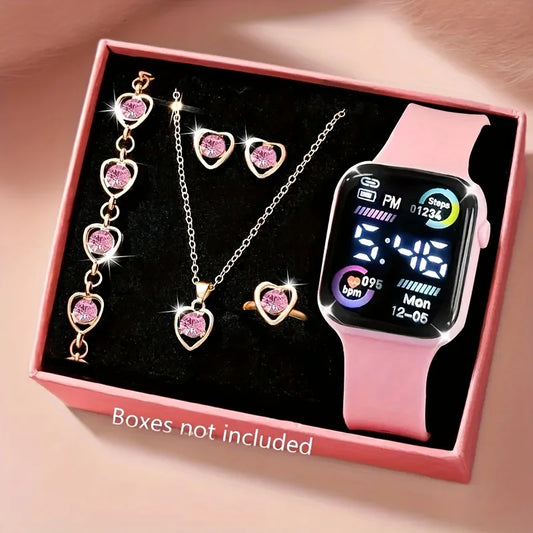 Conjunto de 6 piezas compuesto por reloj electrónico, collar, pendientes y anillo