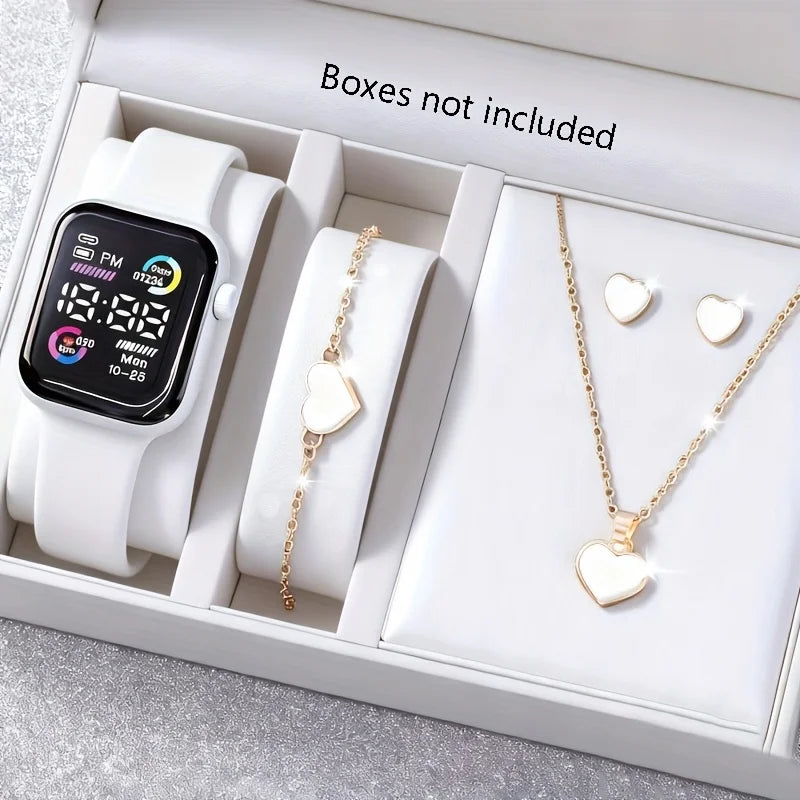 Conjunto de 6 piezas compuesto por reloj electrónico, collar, pendientes y anillo
