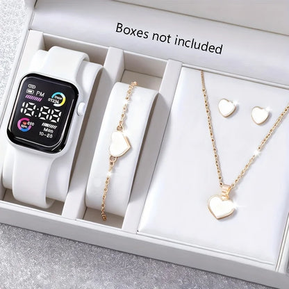 Conjunto de 6 piezas compuesto por reloj electrónico, collar, pendientes y anillo