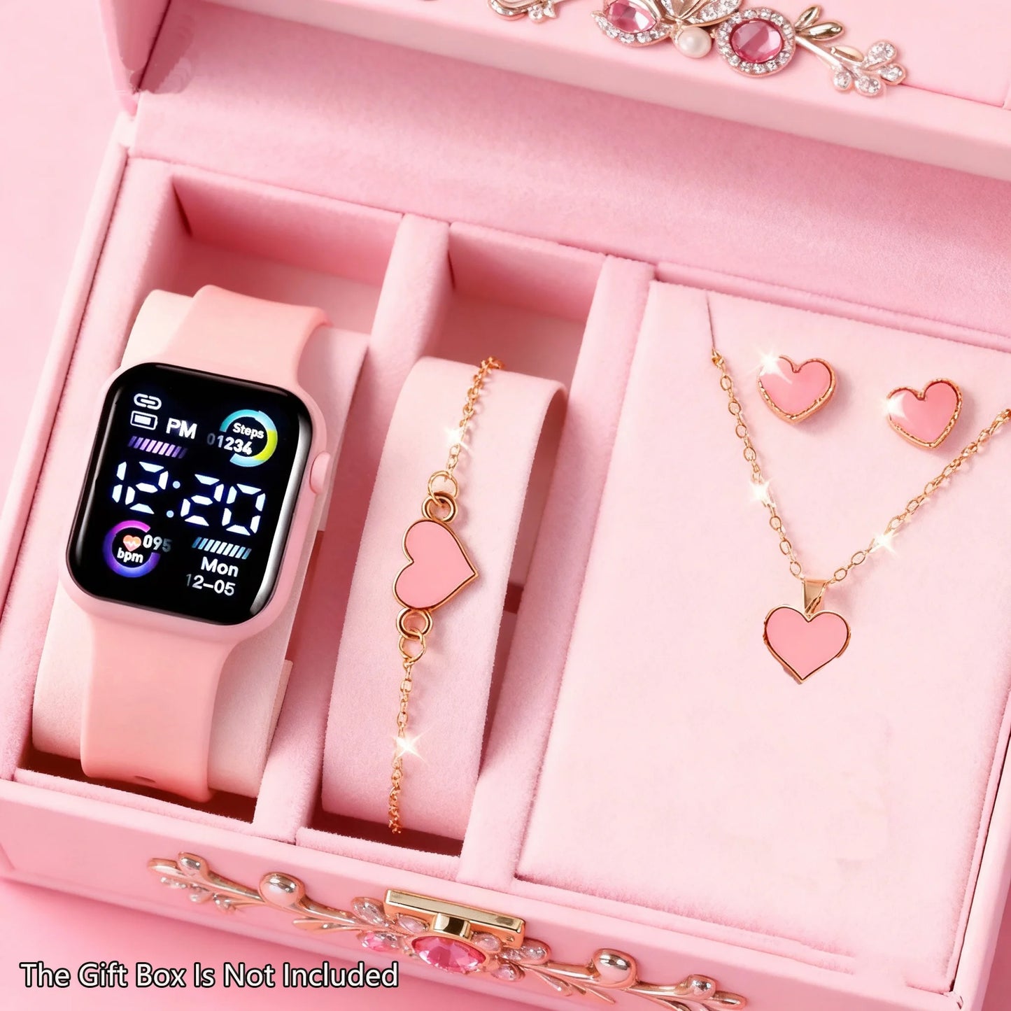 Conjunto de 6 piezas compuesto por reloj electrónico, collar, pendientes y anillo