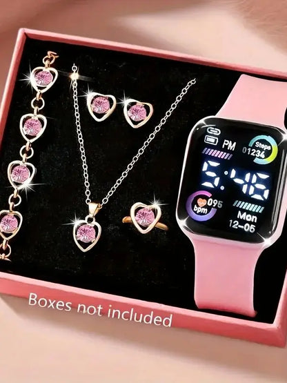 Conjunto de 6 piezas compuesto por reloj electrónico, collar, pendientes y anillo