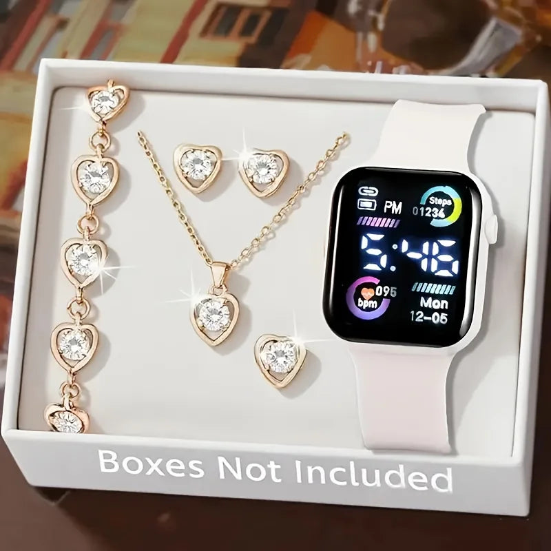 Conjunto de 6 piezas compuesto por reloj electrónico, collar, pendientes y anillo