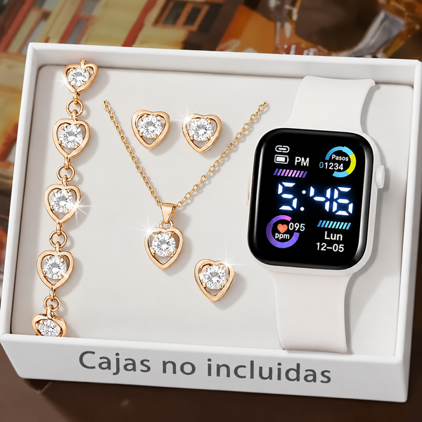 Set de 6 Piezas: Reloj, Collar, Aretes y Anillo