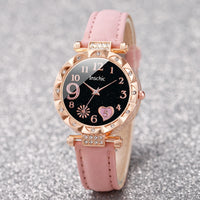 Set de 6 Piezas: Reloj Corazón Negro con Pulseras de Hojas