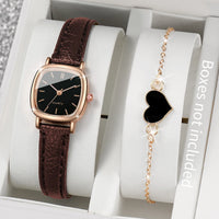 Set de 2 Piezas: Reloj Negro Cuadrado con Pulsera de Corazón