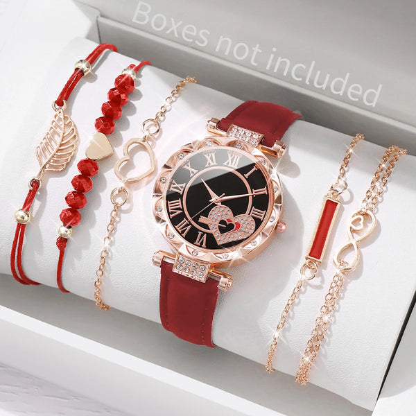Set de 6 Piezas: Reloj Rojo Carmesí con Pulseras