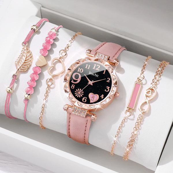Set de 6 Piezas: Reloj Corazón Negro con Pulseras de Hojas