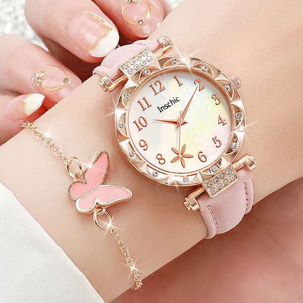 Set de 6 Piezas: Reloj Floral con Mariposa